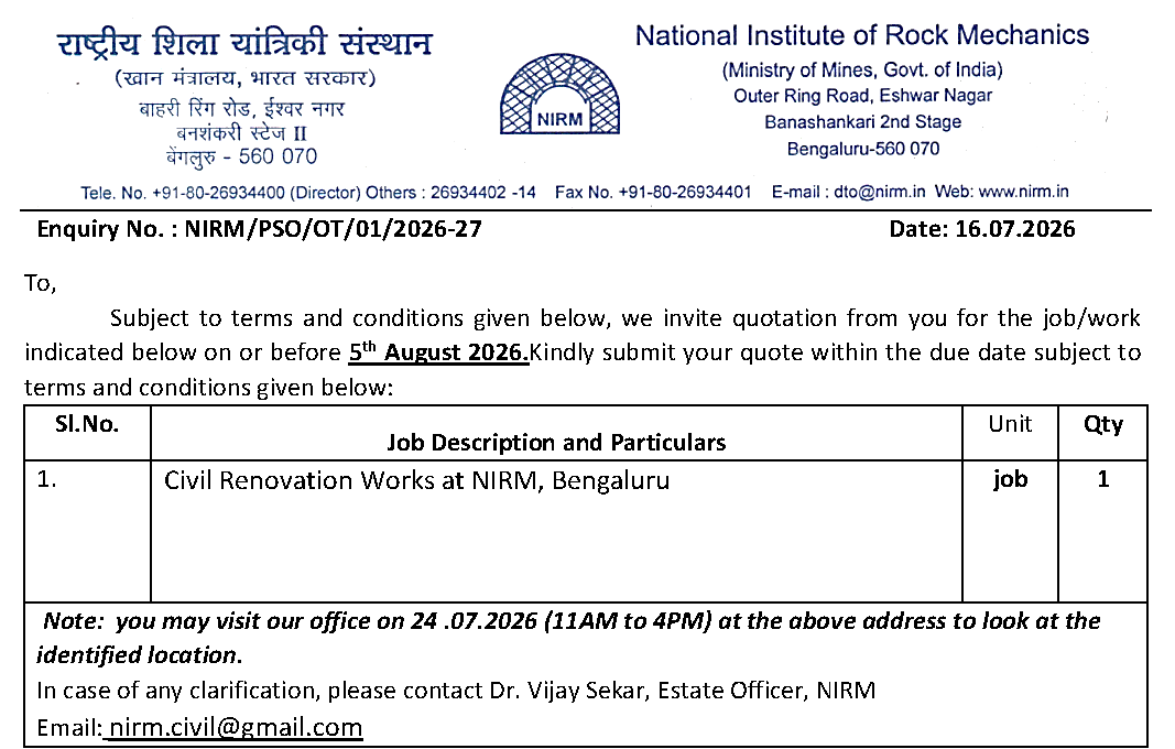 Open Tender Enquiry - Civil Renovation Works at NIRM, Bengaluru 560070